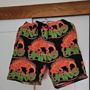 Vans Shorts with Neon Orange and Green Lizard Graphics